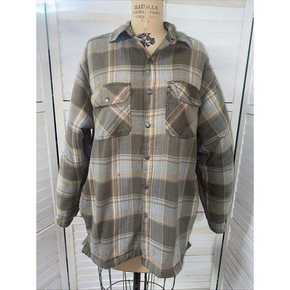 Canyon Guide Outfitters Jacket Men's L Quilted Tan Plaid Flannel Fleece Lined - Picture 1 of 15